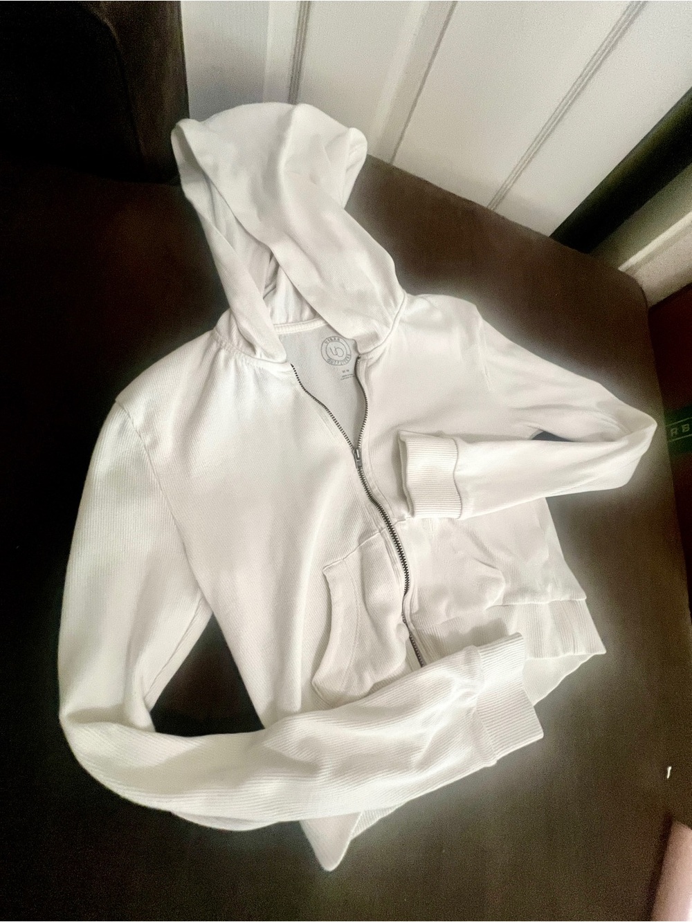 Urban Outfitters White Hooded Zip-Up Ribbed Jacket (cropped)